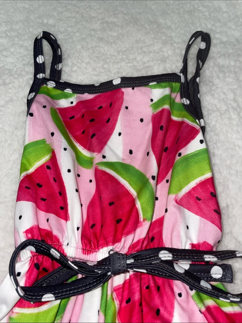 Pink Watermelon Print Romper with Polka Dot Trim